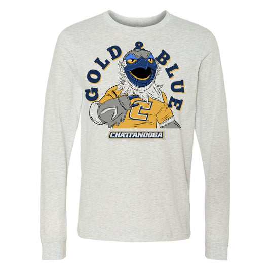 A long sleeve tee with Chattanooga's mascot, Scrappy holding the Power C hand symbol. The text "Gold & Blue" is arched above his head.