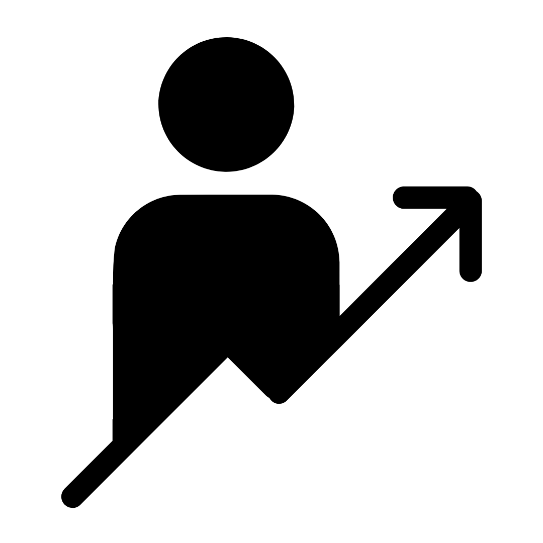 The outline of a person behind an arrow going up from left to right